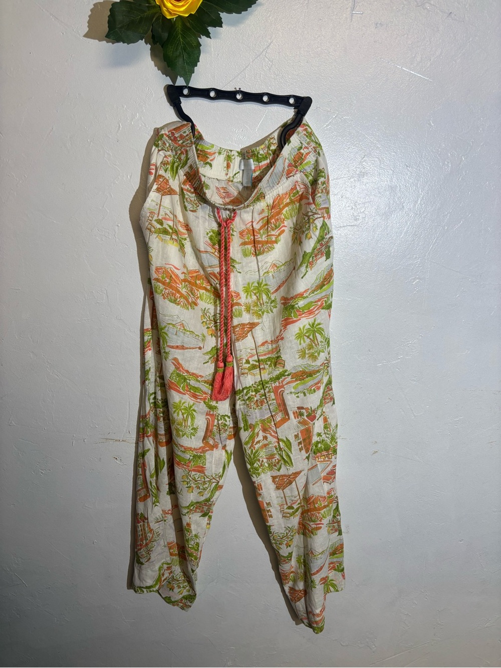 Cynthia Rowley Cream Tropical-Print Wide Leg Pants with Coral Tassel - Picture 1 of 2